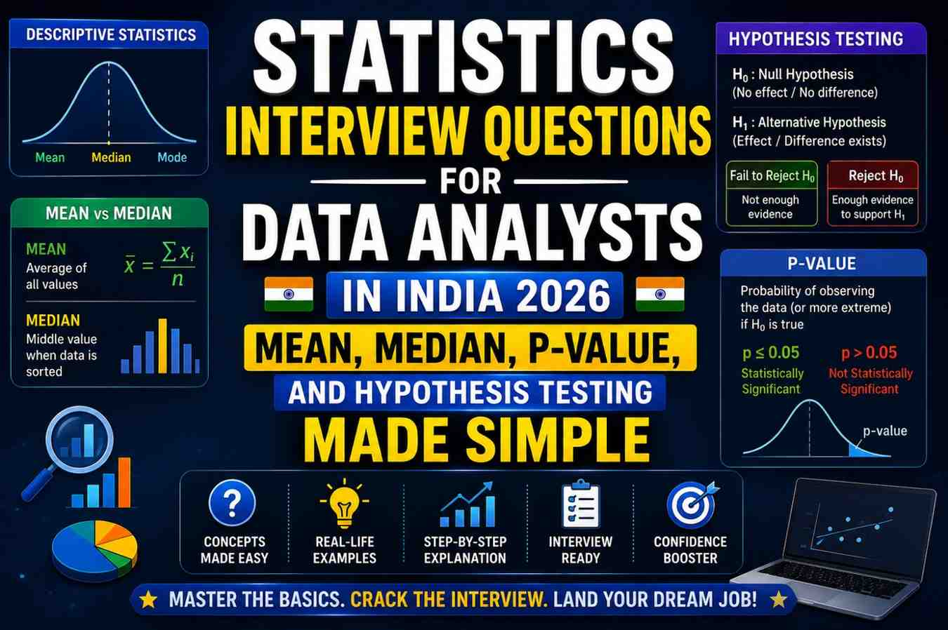 Statistics Interview Questions for Data Analysts in India 2026 — Mean, Median, P-Value, and Hypothesis Testing Made Simple: Best Explanation